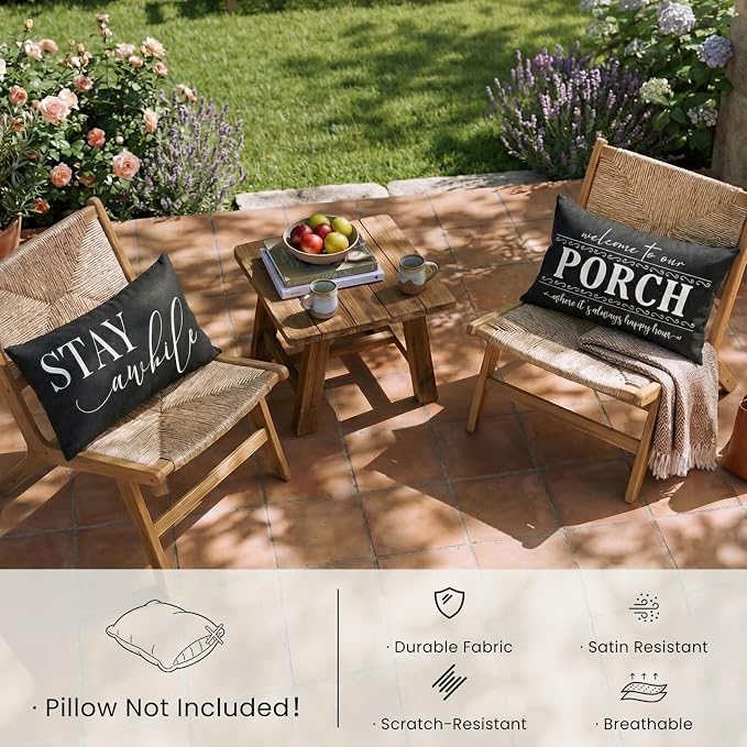Porch Decor Black Outdoor Lumbar Pillow Covers Waterproof 12x20, Set of 2 | Front and Back Porch, Patio Furniture, Weather Resistant Outdoor Pillows, No Inserts, Welcome Sign for Front Porch