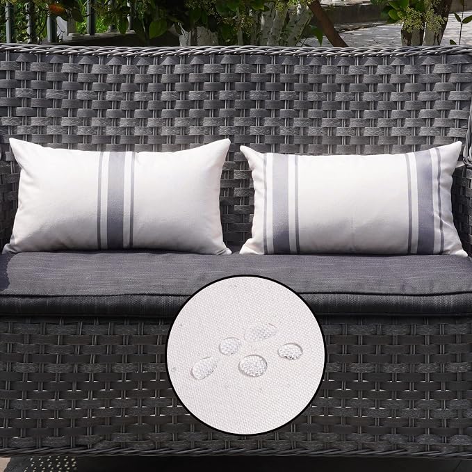ONWAY Outdoor Pillow Covers Waterproof 12x20 Set of 2 Decorative Linen Throw Pillow Cover Beige and Grey Striped Outdoor Pillows for Patio Furniture