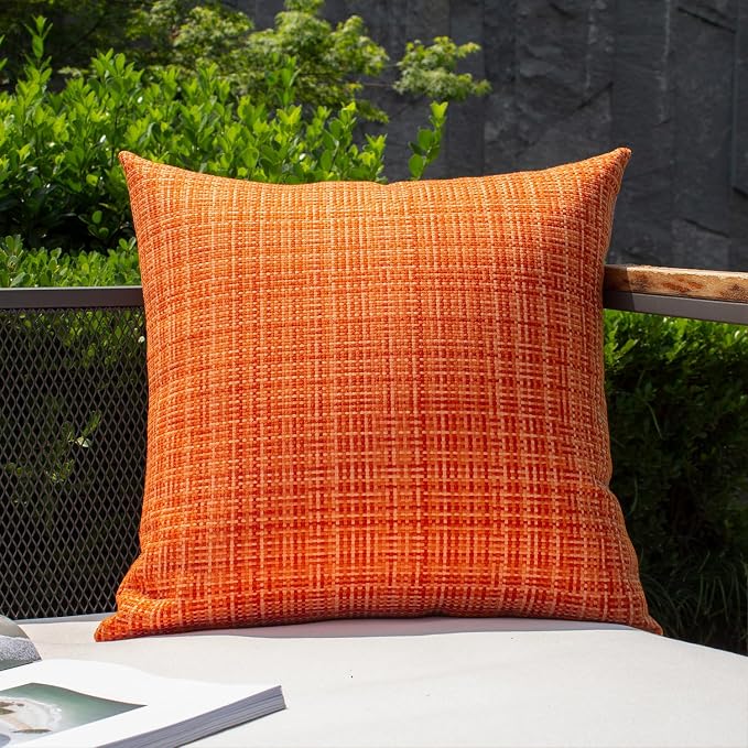 Kevin Textile Outdoor Waterproof 24x24 Inch Pillow Covers 2 Pack, Orange | Water Resistant, Faux Linen Yarn-dyed, Woven Texture Euro Throw Pillow Covers for Tent Patio Garden Couch Sofa