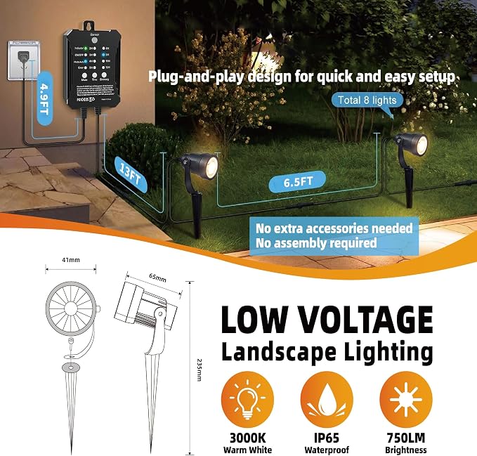 COLOER All-in-One Low Voltage Landscape Lighting Kit, 8 Pack 5W Die-cast Aluminum Landscape Lights with Transformer and Connectors, IP65 Waterproof Outdoor Spot Lights for Pathway Yard Garde