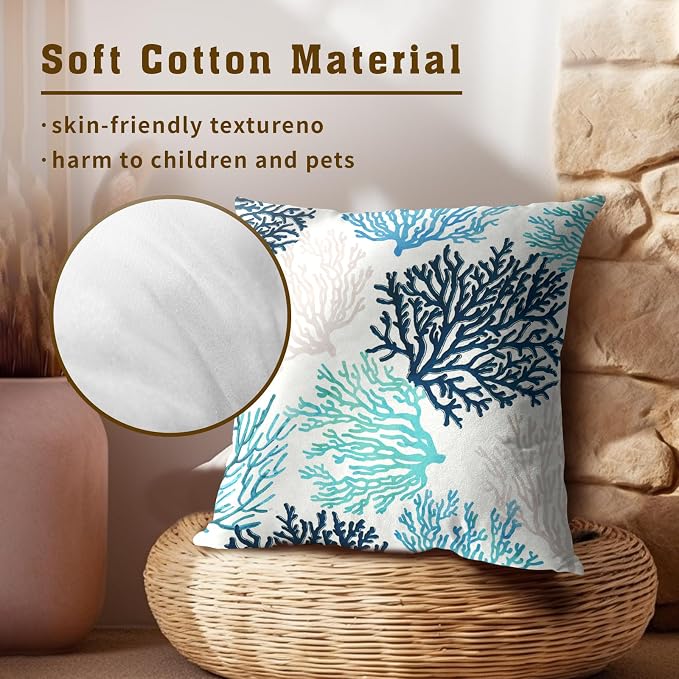 Blue Grey Coral Pillow Covers 16 x 16 Inches Set of 2 Coastal Ocean Marine Life Cotton Linen Pillowcase for Sofa Couch Living Room Outdoor Indoor Home Decor