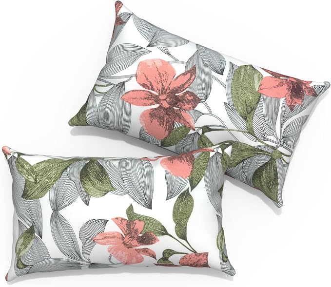 Outdoor Lumbar Pillows 12x20 inch, Rectangle Throw Pillows with Inserts, Decorative Lumbar Cushions for Patio Furniture Garden Couch Home Sofa Office Chair, Pack of 2, Clemens Noir Pink