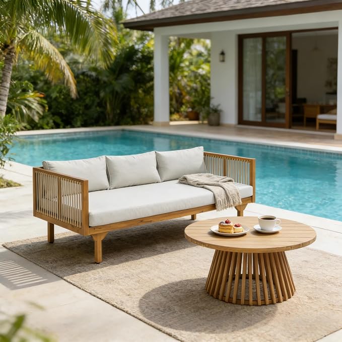 Merax Outdoor Acacia Wood Conversation Set - Patio 3-Seat Loveseat Sofa w/Coushion and Round Coffee Table for Backyard, Lawn, Balcony, Water Repellent, 600 lbs Sofa Capacity, Teak +Light Gray