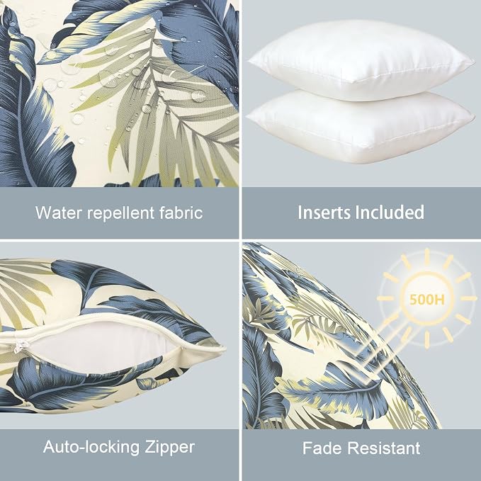 LVTXIII Outdoor/Indoor Throw Pillows, Decorative Patio Accent Pillows, Fluffy Water Repellent Garden Cushions for Home Patio Coach Sofa Use, 16×16 Inch, Pack of 2, ‌Lush Palm Blue