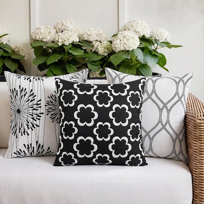 Adabana Outdoor Waterproof Floral Pillow Covers 18x18 Set of 4, Black | Waterproof Fabric Floral and Stripe Design for Patio, Couch, Garden Decor