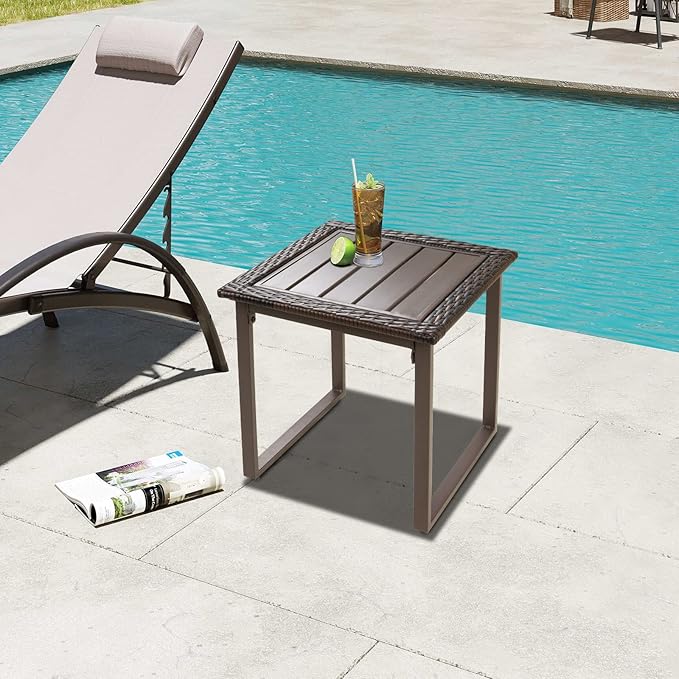 Wicker Outdoor Side Table Metal Patio Coffee Table, Square End Table with Wicker Edge & Slatted Metal Top, for Lawn Garden Backyard, Brown