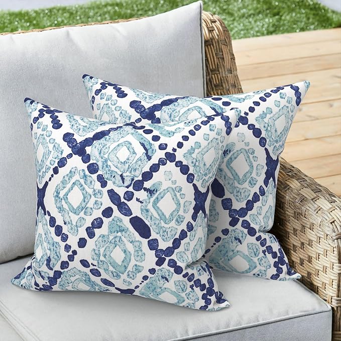 Outdoor/Indoor Throw Pillow Covers Set of 2, All Weather Square Pillow Cases 16x16 Inch, Patio Cushion Pillow of Home Furniture Use, Boho Geometry Blue