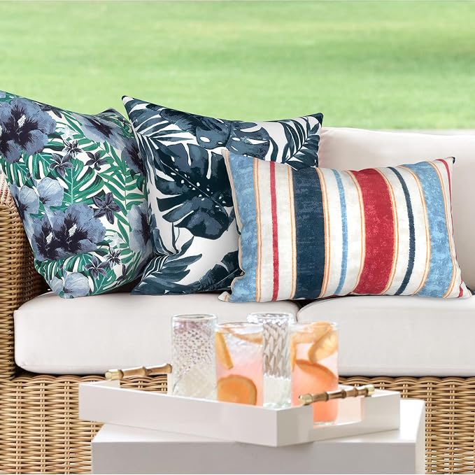DYTXIII Pack of 2 Outdoor Waterproof Lumbar Pillow Covers ONLY, 12x20 Rectangle Decorative Double Printed Pillow Cases for Patio Couch Porch Furniture - Stripe Red Blue