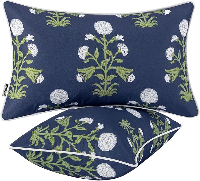 MIULEE Floral Outdoor Lumbar Pillow Covers with Inserts 12x20 Navy Blue | Set of 2 Waterproof Decorative Throw Pillows with Piping,Vintage Fade Resistant, Patio Furniture Summer Garden Couch Sofa