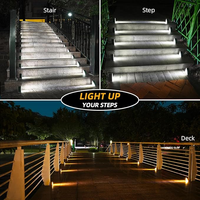 Solar Step Lights 24 Pack - Outdoor Stair Lights with 3000K Warm White & 6000K Cool Daylight, IP67 Waterproof, Auto On/Off, Super Bright for Deck, Patio, Steps