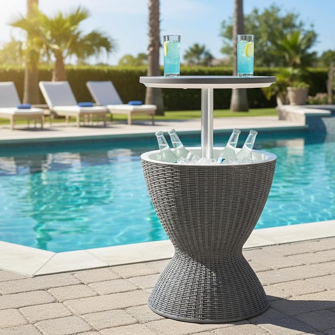 Tangkula Outdoor Cooler Table, Multi-Functional Cooler Bar Table, Adjustable Height Ice Cooler Side Table w/Drain Plug, 8 Gallon Beer & Wine Cooler, Rattan Style Patio Furniture for Pool Parties