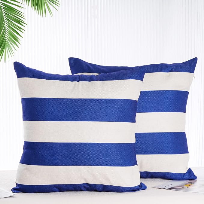 tiggell 4 Pack Waterproof Pillow Covers Outdoor Throw Pillowcases Decorative Garden Cushion Case for Home Garden Patio Couch Balcony Striped (18 * 18 inch, Blue & White)