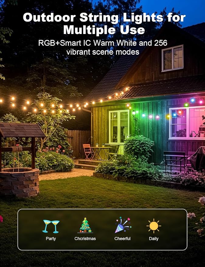 Outdoor String Lights 36 LED Bulbs, 118(98+12) ft RGB+IC+Warm White | APP Control with Remote, Music Sync for Garden Party Decor Christmas Outdoor Light, NOT Extendable