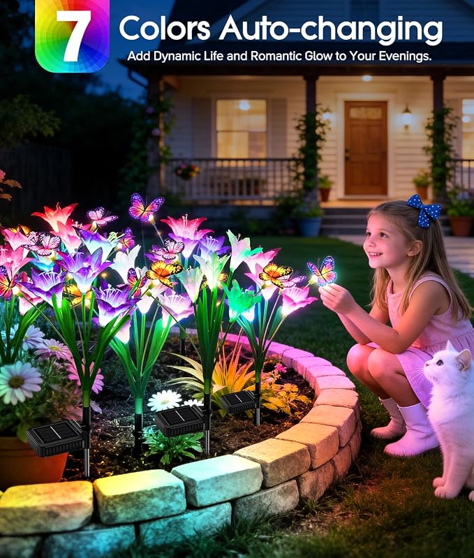 KOOPER Solar Lights Outdoor Garden Decor 4 Pack, 16 Lily Flowers and 12 Swaying Butterflies, IP65 Waterproof 7 Color Changing Solar Flower Lights for Yard Patio Pathway, Gifts for Mom Women Grandma