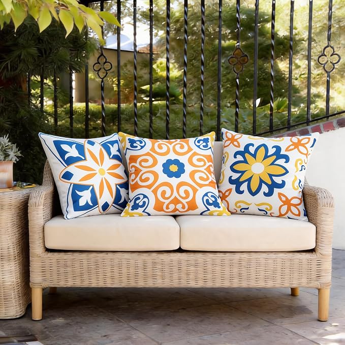 Outdoor Pillow Covers Waterproof Cushion Covers Patio Pillows Case 2 Pack | 18x18inch,Printed Boho Flowers,Seamless,Hidden Zipper,Machine Washable,Perfect decoration for Porch,Patio,Balcony