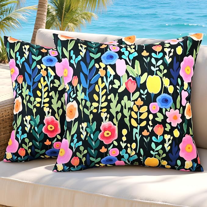 Outdoor Pillows Covers 18X18 Inch Pack of 2, Spring Floral Waterproof Throw Pillow Covers, Black Printed Flower Decorative Square Pillowcases for Summer Patio Furniture Garden Balcony Porch