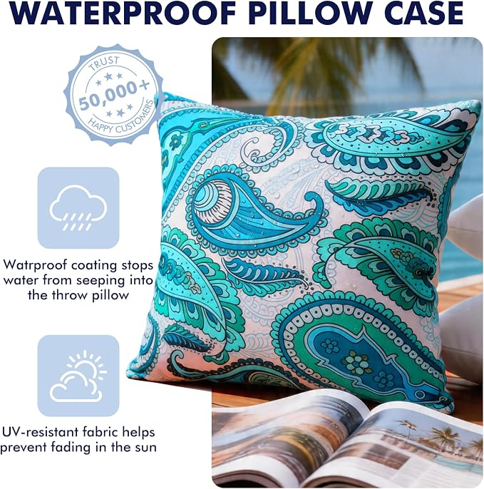 2 Pack Waterproof Outdoor Pillows, 18x18 Outdoor Throw Pillows | Patio Furniture Pillows, Decorative Throw Pillows, Waterproof &Fade Resistant, Removable & Washable, Paisley Blue