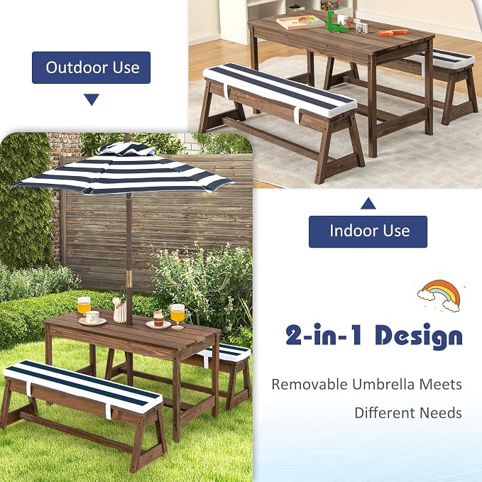 KOTEK Kids Picnic Table with Umbrella Foldable, Backyard Wooden Table & Bench Set w/Removable Cushions, Activity Art Play Table, Indoor Outdoor Toddler Picnic Table for Patio, Lawn & Garden (Blue)