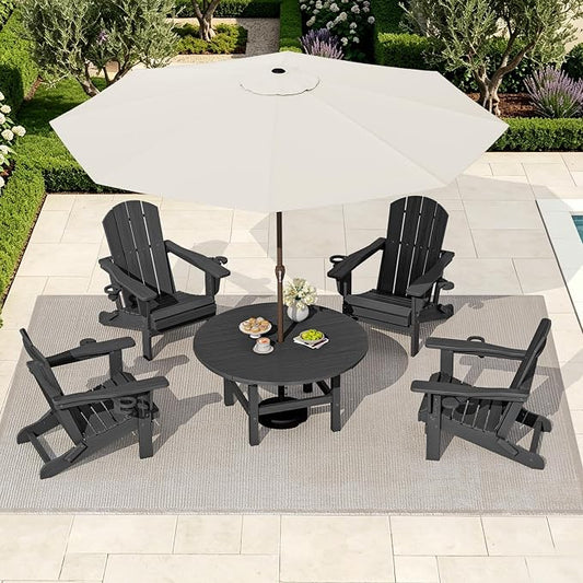 SERWALL 6-Piece Patio Set, 4 Folding Adirondack Chairs with Cup Holders, Round Table & Center Pole Umbrella, HDPE Plastic, Grey
