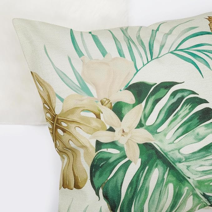 Bonhause Tropical Leaves Throw Pillow Covers 16 x 16 Inch Green Brown Leaf Decorative Pillow Cases Polyester Linen Outdoor Cushion Covers for Sofa Bed Home Decor Set of 4