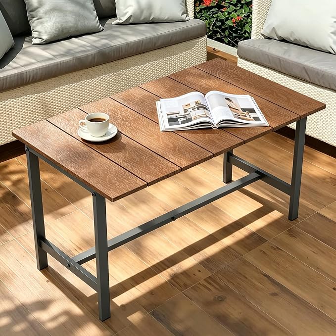 Outdoor Coffee Table, 33.4"L x 17.3"W x 18.1"H Rectangle Weather-Resistant Patio Coffee Table, Metal Heavy-Duty Frame Coffee Side Table, Waterproof for Garden, Porch, Balcony, Deck, Poolside, Brown