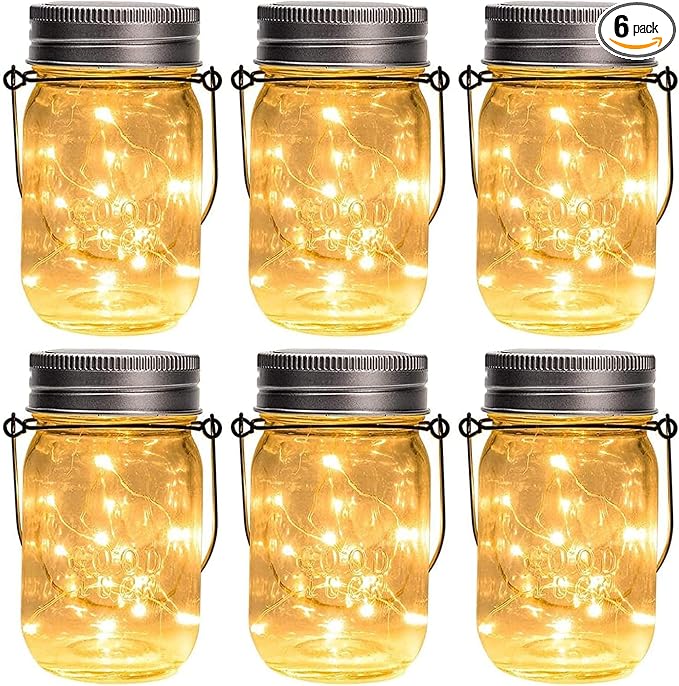 GIGALUMI Hanging Mason Jar Solar Lights, 6 Pack 30 Led Hanging Lantern | Solar Lanterns Outdoor Waterproof, Hangers and Jars Included, Outdoor Decor for Balcony, Garden, Patio, Yard, Wedding
