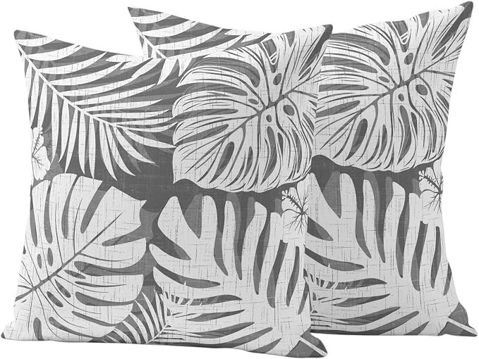 Grey Palm Leaves Outdoor Pillow Covers 16"x16" Set of 2, Tropical Botanical Modern Minimalist Waterproof Throw Pillow Covers for Patio Furniture, Decorative Cushion Covers for Porch