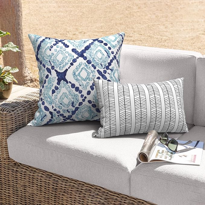 Outdoor Throw Pillows with Inners 20x20 Inch, Square Pillows Decorative for Home Garden Furniture Set of 2, Boho Geometry Blue