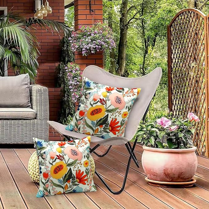 Floral Outdoor Throw Pillow Covers 18x18 Waterproof Colorful Summer Spring Garden Decorative Square Patio Pillows Outdoor Pillows Covers for Patio Furniture Set of 2 (No Pillow Insert)