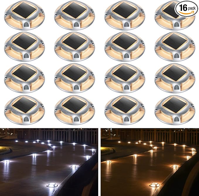 AGPTEK Solar Driveway Lights Outdoor 16 Pack, 2 Color Modes LED Deck Dock | Marine Waterproof Driveway Marker Lights for Step Sidewalk Stair Garden Pathway Walkway Yard (Warm White/Cool White)