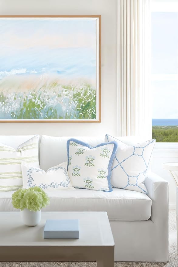 Hofdeco Premium Grandmillennial Coastal Hampton Patio Indoor Outdoor Lumbar Pillow Cover Only, 12"x20" Water Repellent for Backyard, Couch, Poolside, Baby Blue Embroidered Leaves Frame