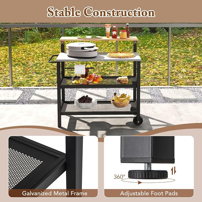 Giantex Outdoor Grill Cart, Pizza Oven Stand with Flip up Bar Table, 4-Shelf Food Prep Cooking Station with Hooks, Trash Bag Holder, Paper Towel Holder, Heavy Duty Movable Dining Table with Wheels