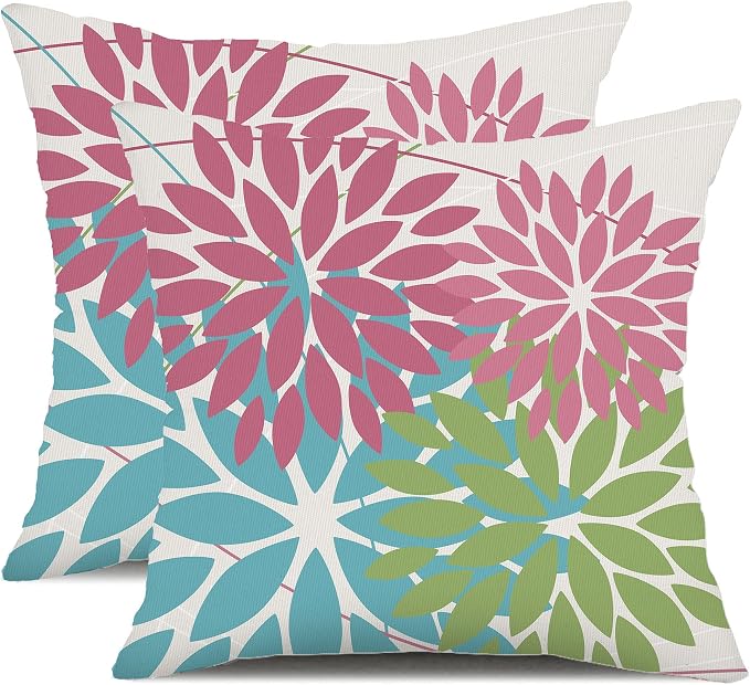 DFXSZ Pack of 2 Outdoor Waterproof Throw Pillow Covers 16x16 Pink Blue | Polyester Colorful Spring Summer Floral Decorative Cushion Cases(NO INSERT),For Couch Patio Funiture Garden Home Decor