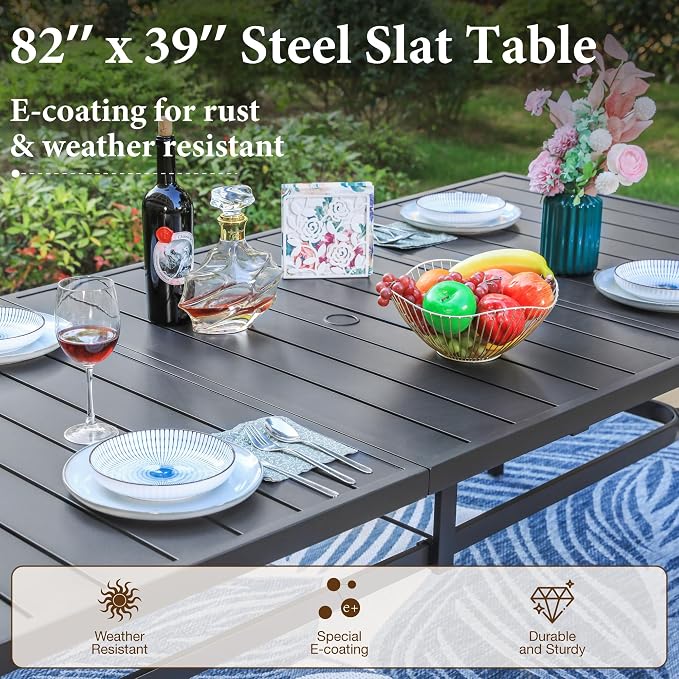 MFSTUDIO 9 Pieces Outdoor Patio Dining Furniture Set for 8,1 Large Rectangle Metal Table with 1.7'' Umbrella Hole and 8 Wicker Sofa Chairs with Navy Cushions, Outdoor Table and Chairs Dining Set for 8