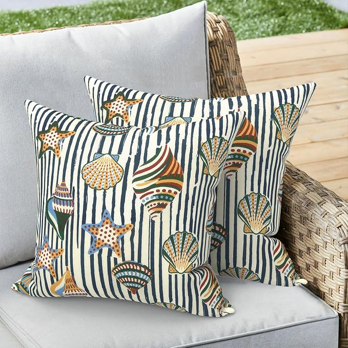 Outdoor 16x16 Inch Throw Pillow Covers Set of 2, Covers ONLY, All Weather Square Pillow Cases, Patio Cushion Pillow of Home Furniture Use, Crayon Shells