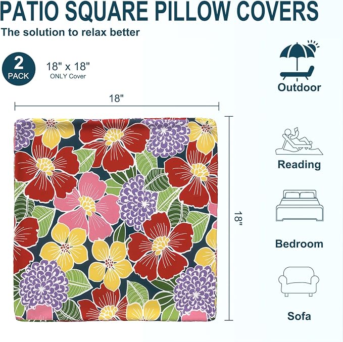 DYTXIII Pack of 2 Outdoor Waterproof Pillow Covers ONLY, 18"x18" Square Decorative Double Printed Throw Pillow Cases for Patio Couch Porch Furniture, Flower Bloom