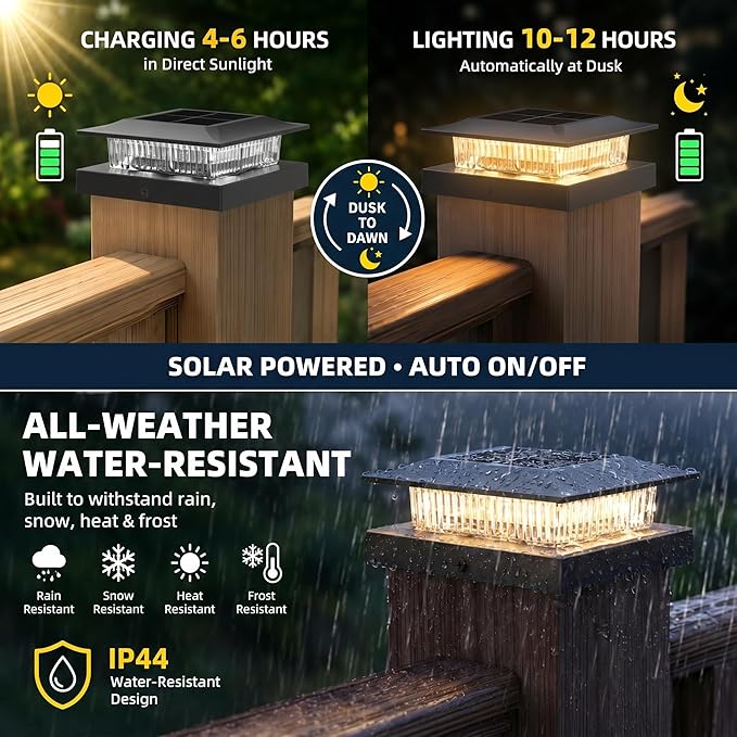 16 Pack Solar Post Cap Lights 4x4, Dual-Color Waterproof Fence Post Solar Lights, Fits 4x4 Vinyl or 3.5x3.5 Wood Posts, Dusk to Dawn Outdoor Lighting for Deck, Garden & Porch Decor, Black
