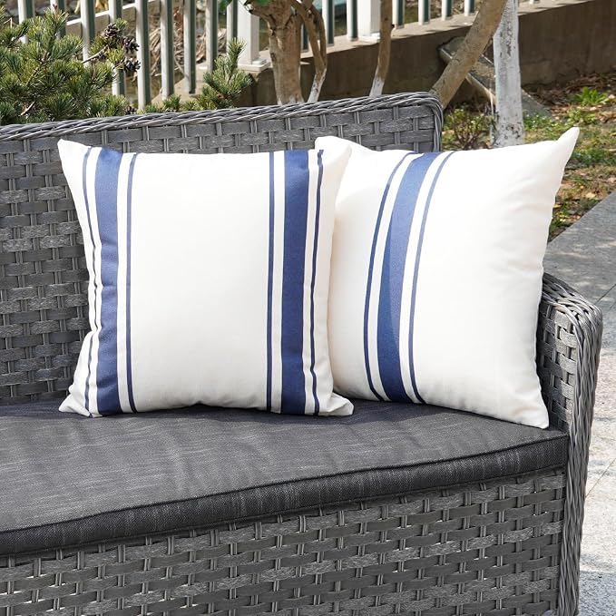 ONWAY Outdoor Pillow Covers Waterproof 20x20 Set of 2 Decorative Linen Throw Pillow Cover Beige and Navy Blue Striped Outdoor Pillows for Patio Furniture