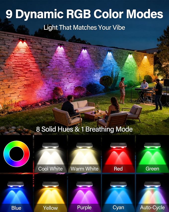 Solar Fence Lights Outdoor, 2 Pack Fence Lights Solar Powered | 85LM Solar Fence Lights, 9 RGB Color Modes, IP65 Waterproof, 12H Dusk to Dawn Glow for Pool/Deck/Patio/Wall/Backyard - Black
