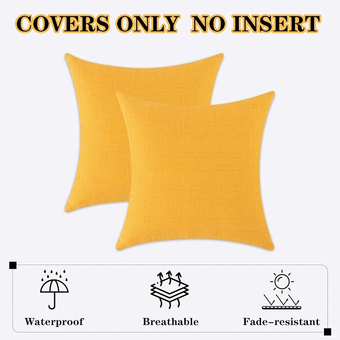 Kevin Textile Outdoor Waterproof 18”x18” Pillow Covers 2 Pack, Dark Yellow | Water Resistant, Soft Faux Linen-cotton Yarn-dyed Woven Texture Throw Pillow Covers for Tent Patio Garden Couch Sofa