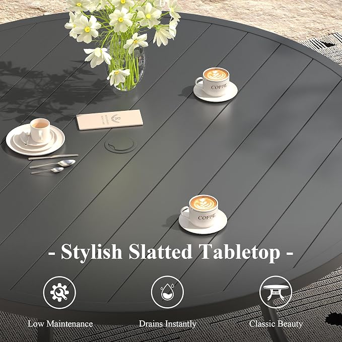 Outdoor Dining Table for 6, 50" Round Outdoor Table with Adjustable Umbrella Hole, All-Weather Metal Patio Dining Table for Lawn Garden Backyard Deck, Black