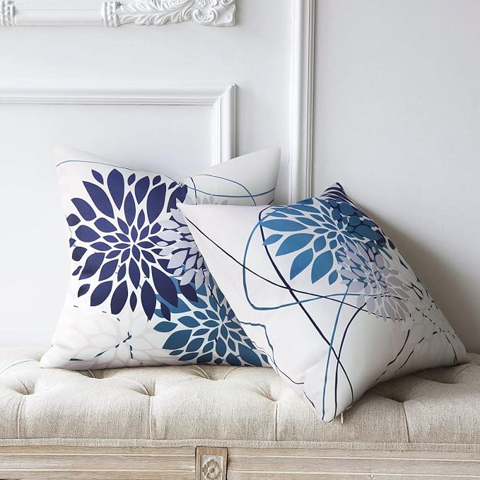Pyonic Outdoor Throw Pillow Covers 18x18 Waterproof Pillow Covers Geometric Flower Pillow Case Farmhouse Summer Square Cushion Cover for Patio, Garden, Balcony,Set of 2 (18 x 18-Inch, Navy Blue)