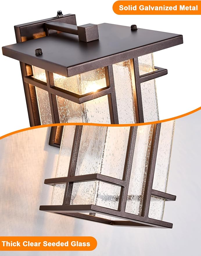 Rustic Dusk to Dawn Outdoor Wall Light Fixture 13.8"H Oil Rubbed Bronze Exterior Wall Sconces with Seeded Glass Sensor Outdoor Wall Lantern for House Patio Porch Entryway Garage Wall Lamps Waterproof