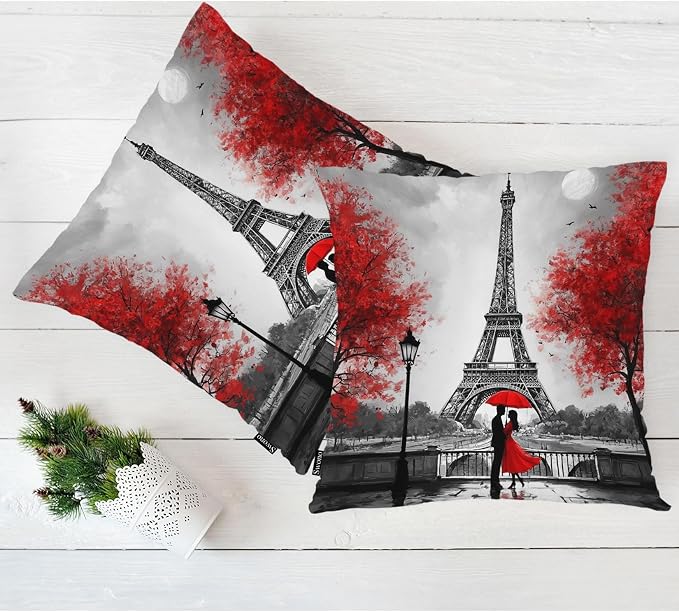 Swono Outdoor Pillow Covers Eiffel Tower, Paris Couple Maple Eiffel Tower Home Decorative Throw Pillow Case Cushion Cover for Men/Woman/Girls/Boys/Bed/Sofa/Office/Car, 18x18 Inch, 2Pcs Pillow Covers