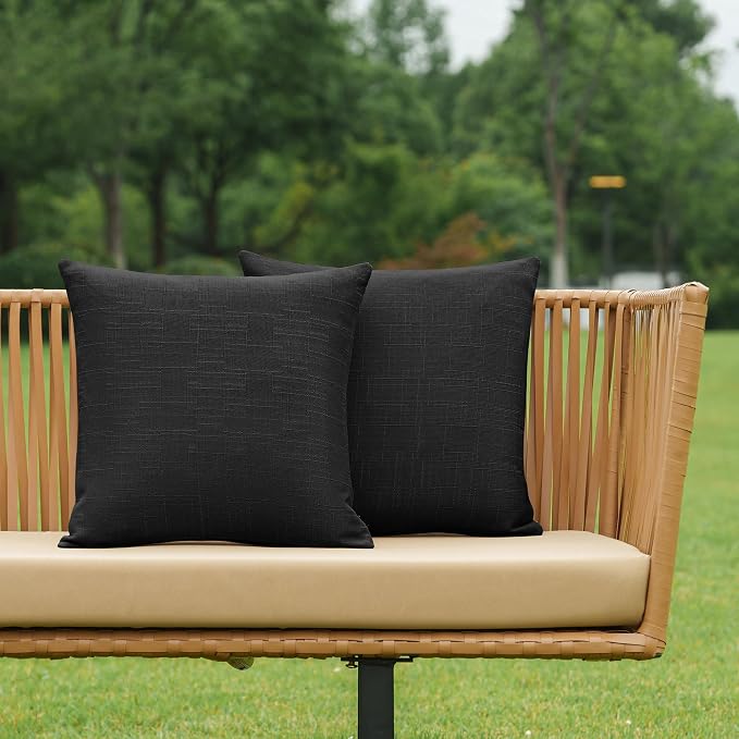 NiNi ALL Waterproof Outdoor Pillow Covers 20x20 Set of 2 Patio Black | Faux Linen Textured Decorative Solid Throw Pillow Covers Farmhouse for Garden Furniture Tent Balcony Couch Sofa Cushion