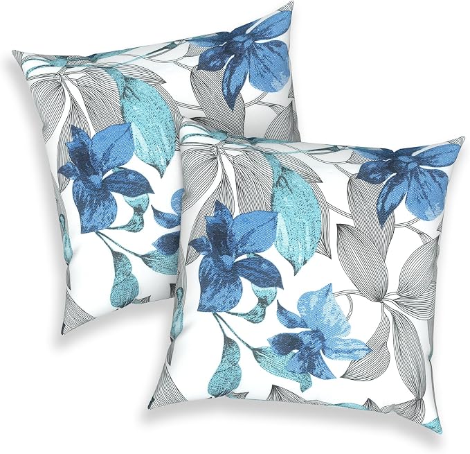 Outdoor 16x16 Inch Throw Pillow Covers Set of 2, All Weather Square Pillow Cases, Patio Cushion Pillow of Home Furniture Use, Clemens Noir Blue