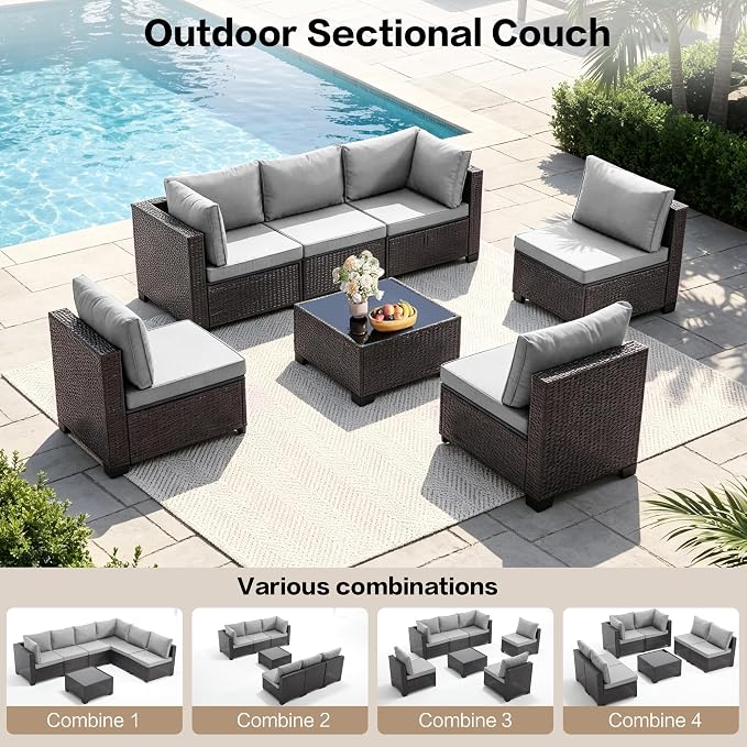 7-Piece Outdoor Patio Furniture Set, Light GreyPE Rattan Weaving Sofa with Light Grey Cushions and Steel Frame, Coffe Table Included, Outdoor Conversation Set