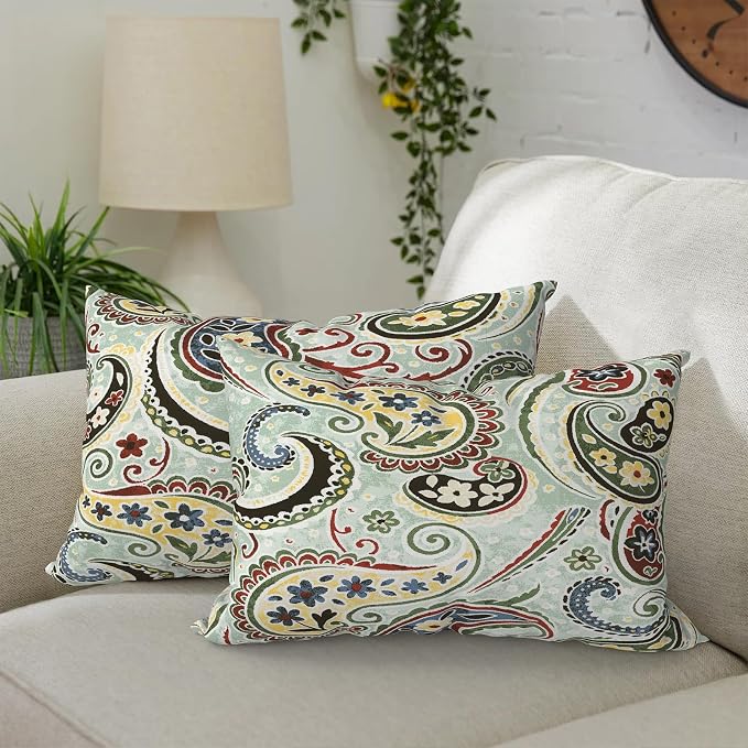 DYTXIII Pack of 2 Waterproof Outdoor Lumbar Pillow with Inserts, 12x20 in Rectangle Decorative Patio Throw Pillow for Home, Sofa,Bench and Patio Furniture, Paisley Lightcyan