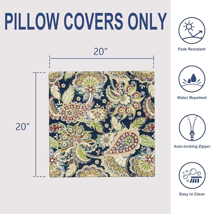 20x20 Inch Pack of 2 Patio Throw Pillow Covers ONLY, Water Repellent Cushion Cases, Square Pillowcases for Outdoor Couch Decoration, Paisley Sapphire Blue