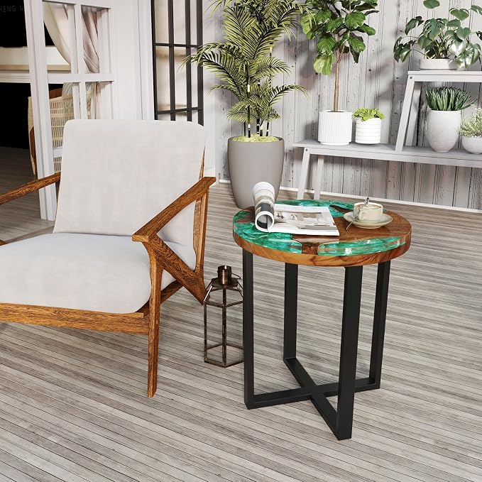 Giantex 20” Teak Wood Outdoor Side Table - Round End Table with Epoxy Resin Tabletop, Solid Live Edge, Mahogany Base, Rustic Sofa and Couch Table for Patio, Porch, Poolside, Living Room, Yard, Brown